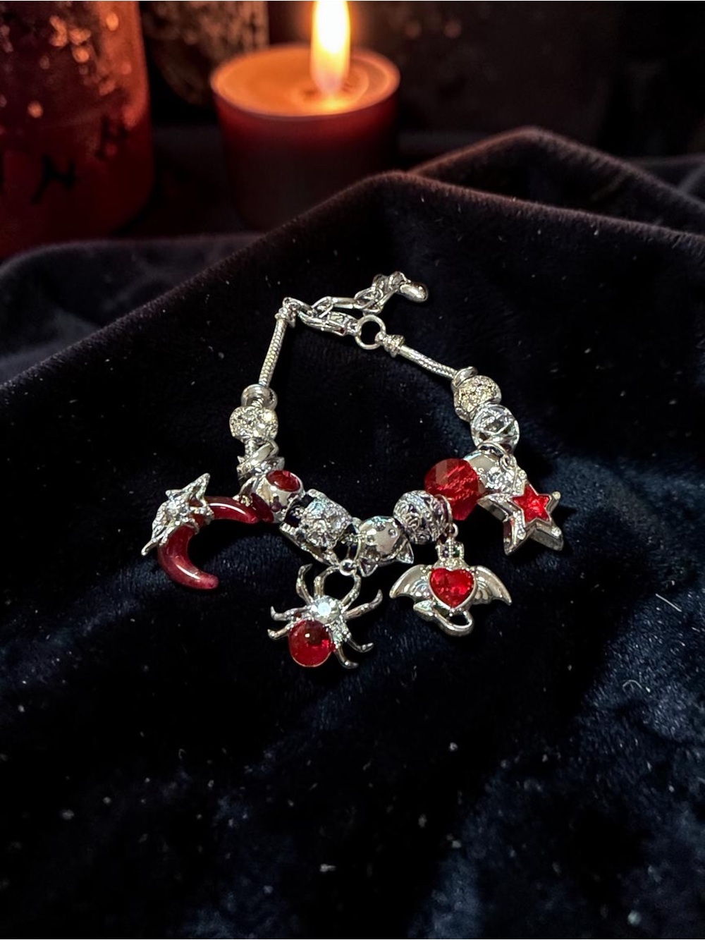 Silver Charm Bracelet with Red Crystal Accents